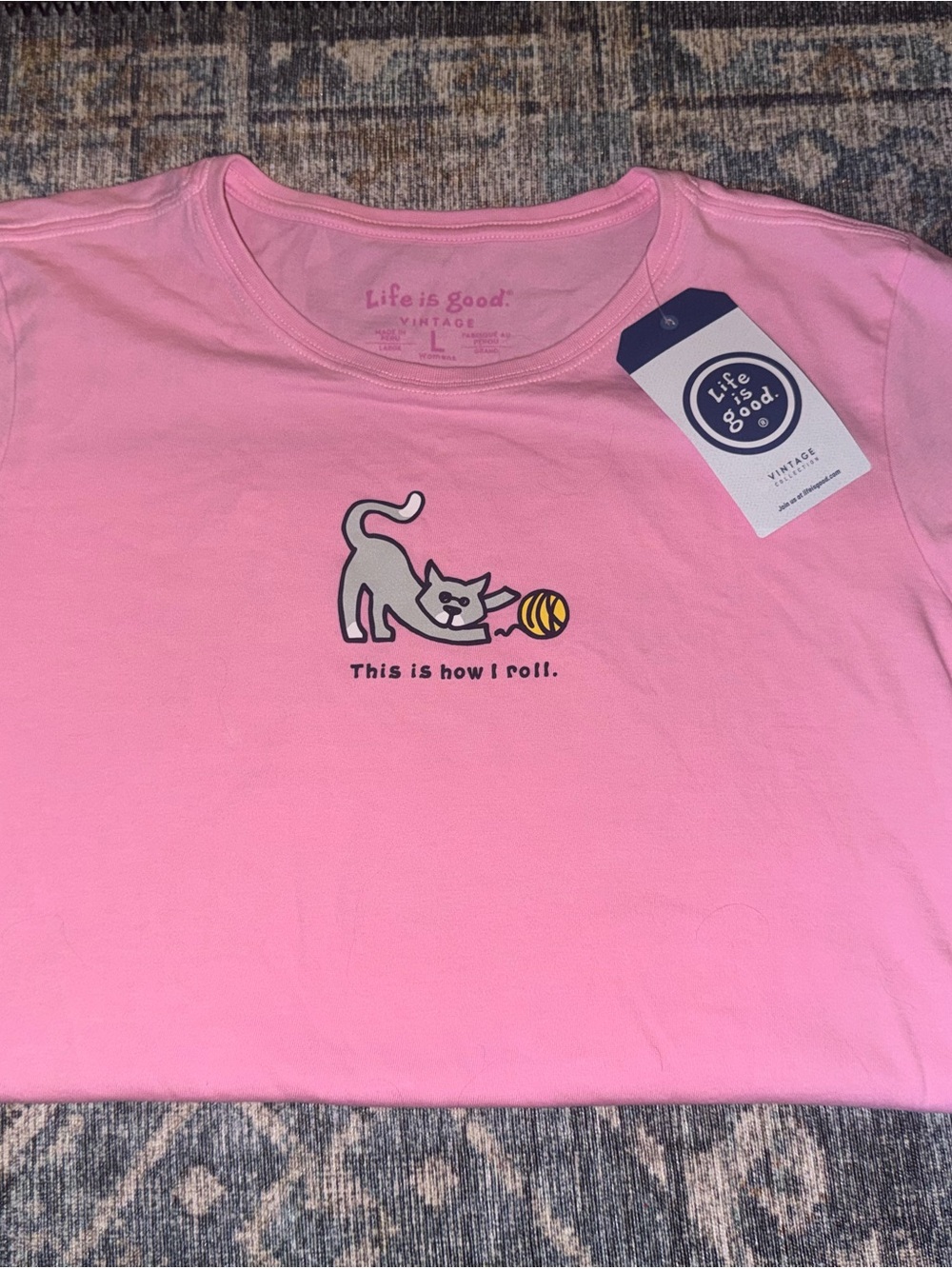 Life Is Good Pink Cat Tee with Playful Ball Graphic - Picture 1 of 4